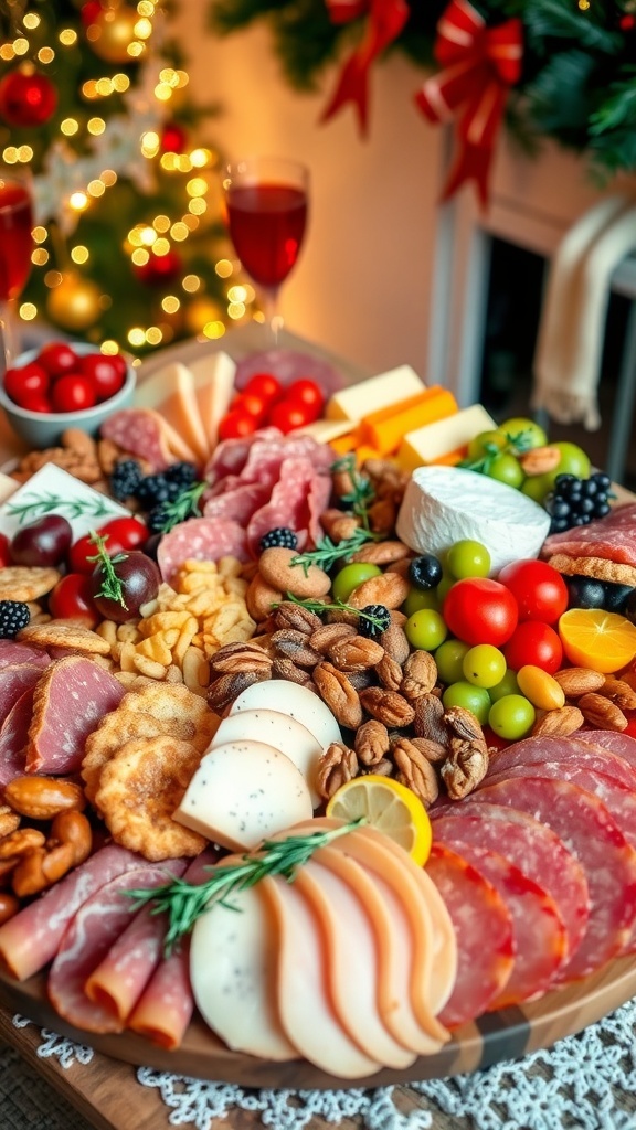 A festive charcuterie board with meats, cheeses, fruits, and nuts, set in a holiday-themed environment.